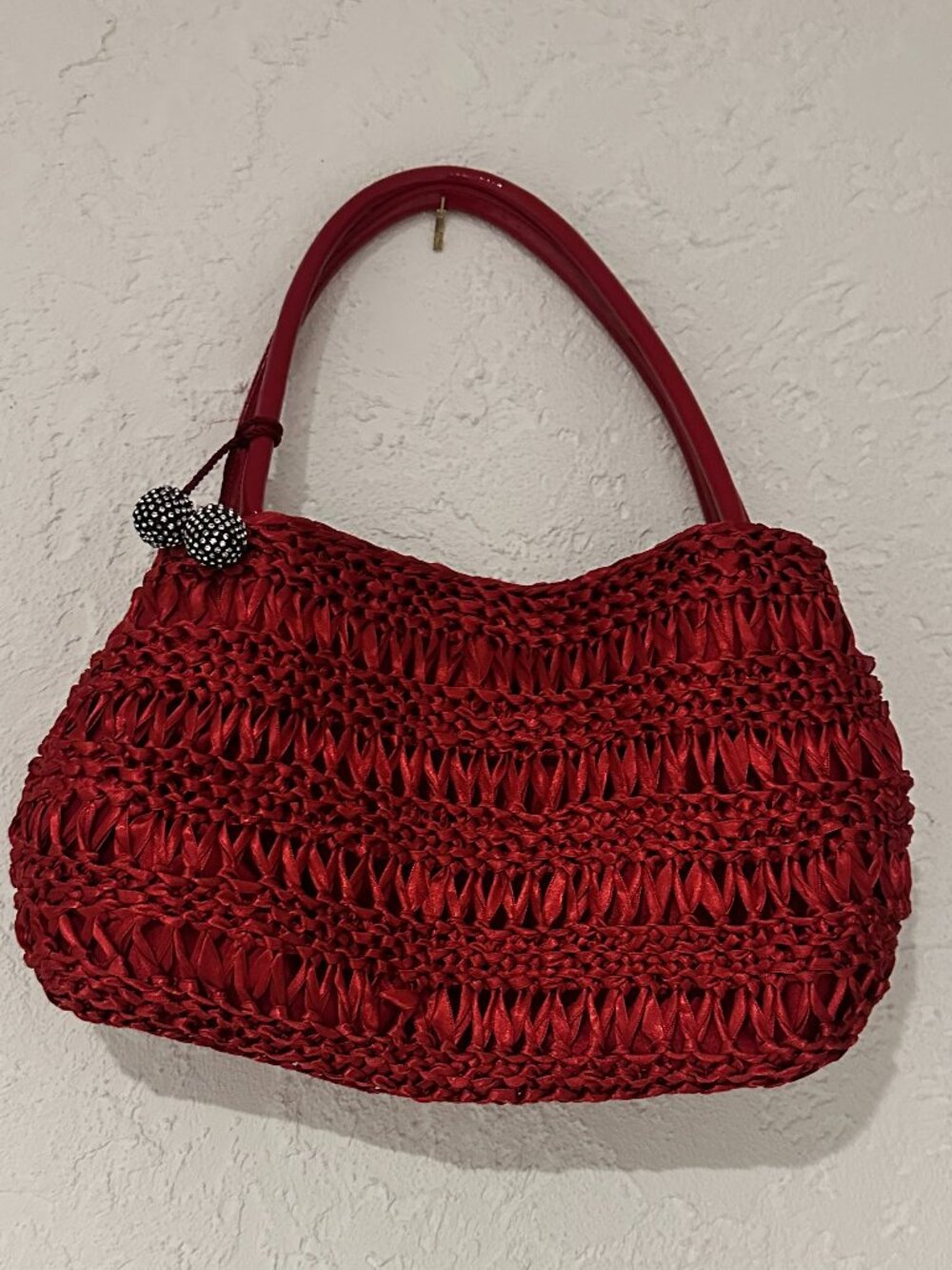 Ginza Yoshinoya Red Woven Shoulder Bag Crystal Charm Made in Japan